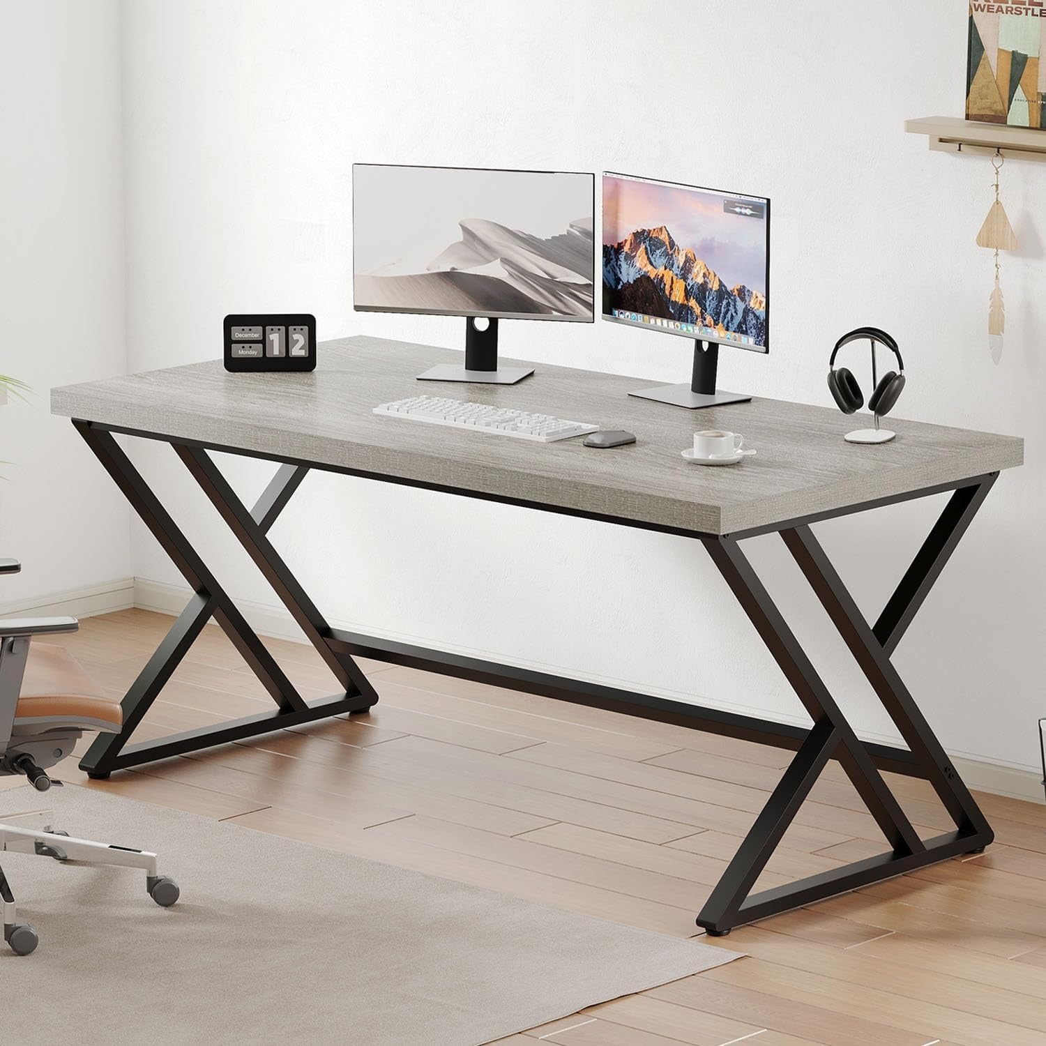 Moderný počítačový stôl 120 cm | Kov a drevo, sivý, pre domácu kanceláriu a gaming