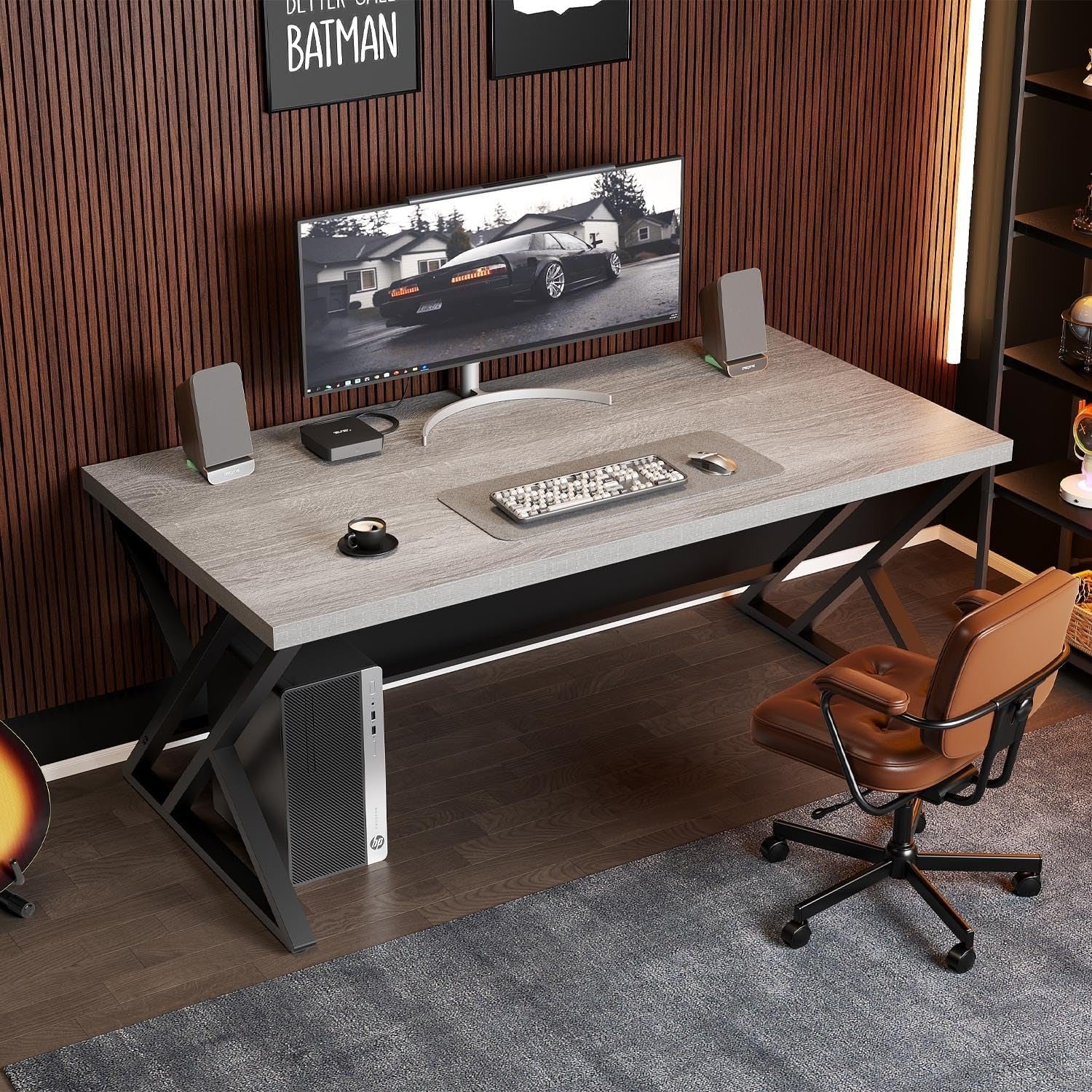 Moderný počítačový stôl 120 cm | Kov a drevo, sivý, pre domácu kanceláriu a gaming