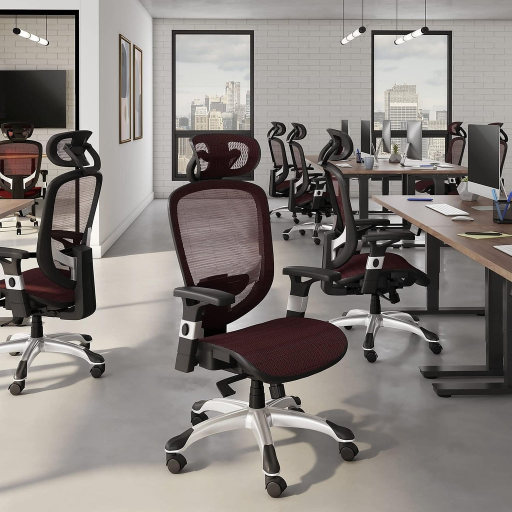 Ergonomická sieťovaná kancelárska stolička s bedrovou opierkou | Otočná, vínová